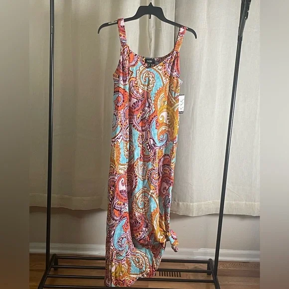 Msk Printed Ruched-Strap Tie-Hem Maxi Dress - Aqua/Orange - Size S Msk Printed Ruched-Strap Tie-Hem Maxi Dress - Aqua/Orange - Size S